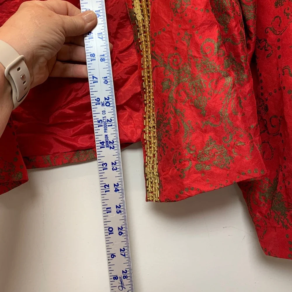 Chico's Silk Jacket Women Size 3 Red Gold Sequin Damask Open Front L/XL 12913